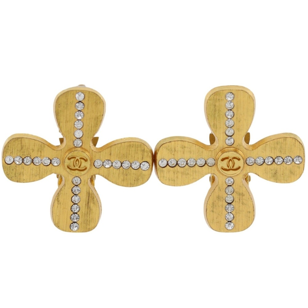 Chanel Clover Coco Mark Earrings, Gold Plated with Rhinestones, 2001 Model, 0...
